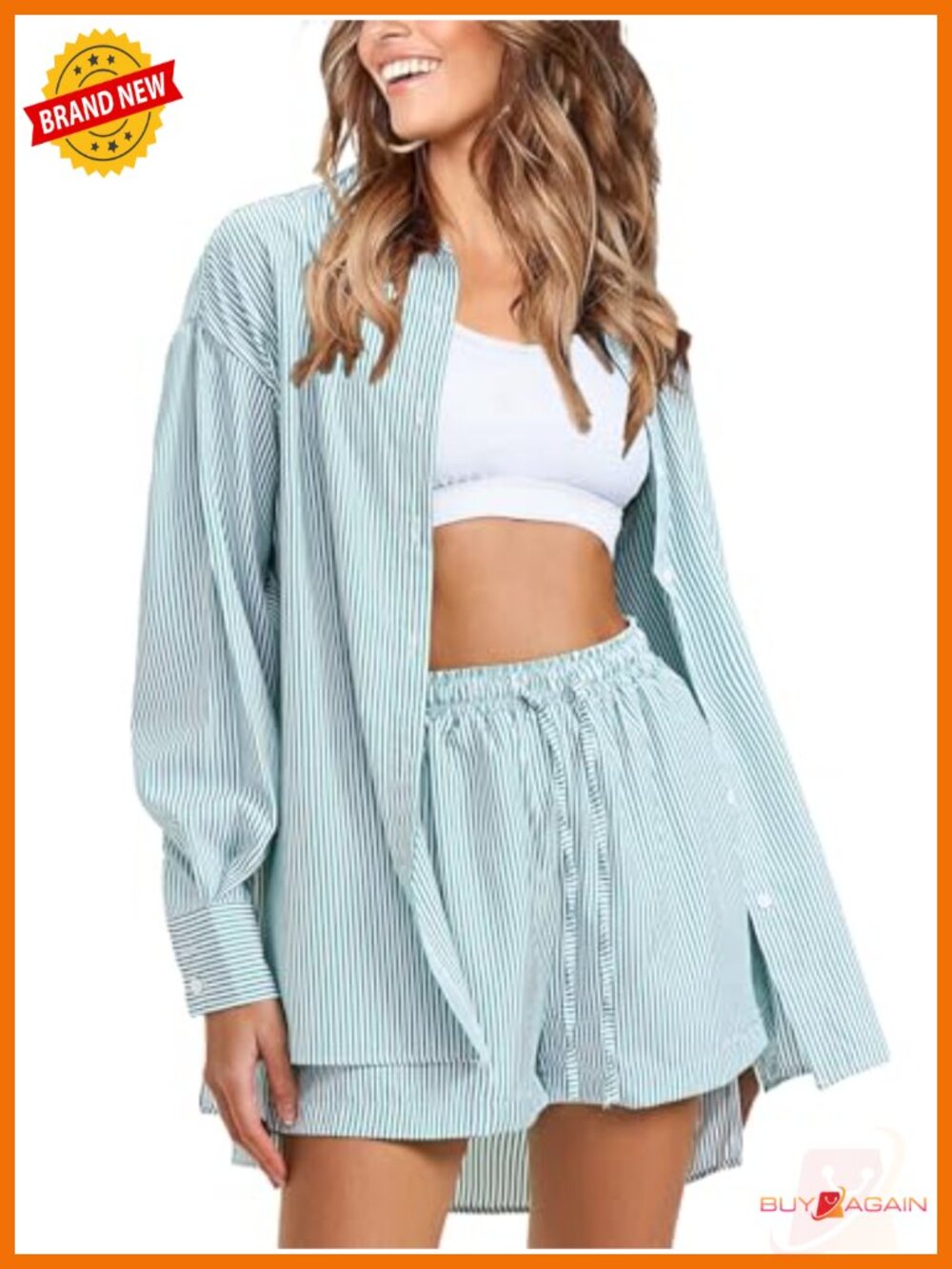 Women's Striped Cotton Blend Two Piece Set Long Sleeve Shirt Shorts
